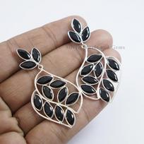 Black Onyx Leaf Stud Earrings, 925 Sterling Silver, December Birthstone
