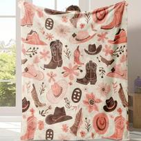 Western Cowboy Boot & Hat Design Flannel Throw Blanket - Soft, Warm, and Lightweight Pink Fleece for Couch, Bed, Travel, Camping Size: 75*100cm, Weight: 230 GSM