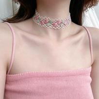Trendy Cute Pink Hollow Lace Flower Choker Necklace For Women Girl Y2K Aesthetic Party Charm Fashion Neck Accessories Jewelry