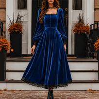 Women's Color Square Neck Long Sleeve Lace Patchwork Evening Dress for Party and Formal Events XXL