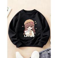 Kids Crewneck Long Sleeve Sweatshirt, Lovely Healing Print of Girl Hugging Rabbit 110 juoda