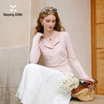 Xiangying Women's Pink Slim-Fit Lace V-Neck Long Sleeve Top M