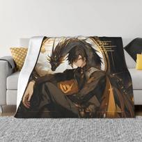 Genshin Impact Zhongli Blanket Flannel Textile Decor Anime Game Cartoon Portable Super Soft Throw Blanket for Home Car Quilt Size: 75*100cm, Weight: 230 GSM black