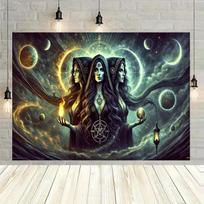 Triple Moon Goddess Tapestry Hecate Witch with Pentagram and Planets Wall Hanging Decor for Bedroom Living Room 100X70CM