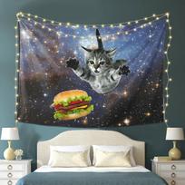 Space Cat Burger Tapestry Funny Trippy Space Cat Wall Hanging for Bedroom Dorm Gaming Room Decor 100X70CM