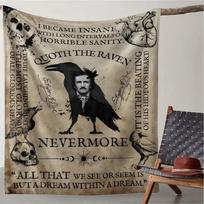 Edgar Allan Poe The Raven Nevermore Gothic Flannel Blanket Horror Skull Print Throw for Bed Sofa Size: 75*100cm, Weight: 230 GSM