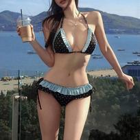 Women Two Piece Polka Dot Ruffle Spliced Lace Up Backless Sexy Bikini Swimsuit S