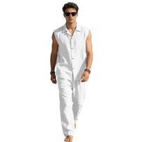 Summer Men Linen Matching Outfit Sleeveless Lapel Button Front Pocket Shirt Elastic Drawstring Straight Leg Trousers Breathable Casual Two Piece Suit S balta