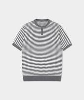 Vibrante Summer Washable Henley Neck Knit - Gray Stripe Grey Stripe/L