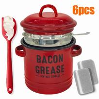46 oz Grease Container with Filter, Scraper, Strainer & Silicone Spatula, Cooking Pot Keeper, Dishwasher Safe raudona