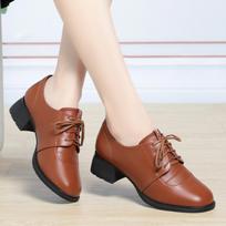 New Women Soft Leather Soft Flat Female Lace Up Black Brown Cowhide High Heels Non-slip Wear-resistant Soft-soled Shoes 35(Foot22.5cm)