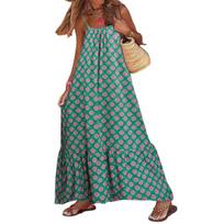 Moteriška boho berankovė maxi suknelė su spagečių petnešėliais, atvira nugara, platėjanti, ilga suknelė, vasarinė paplūdimio laisva suknelė S