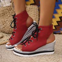 Fashion Casual Canvas Lace Up Peep Toe Sandals Women 2025 Summer Sexy Chunky Platform Wedge Heel Sandals Fashion High Heel Ankle Shoes 36