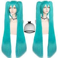 Synthetic Green Wigs +Hair Cap Long Greenish Wig with 2 Ponytails for Women Long Straight with Bangs for Cosplay 1pc&42inches