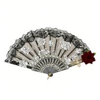 Vintage Rose Lace Folding Fan Wedding Party Bride Hand Held Fan Portable Summer Fan Decoration Dance Performance Props Party Accessories