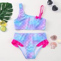 Mergaičių vieno peties žuvies žvynų rašto bikini komplektas Naujas mergaičių atskiras bikini Vaikų maudymosi kostiumas Maudymosi kostiumas 34Y rožinė