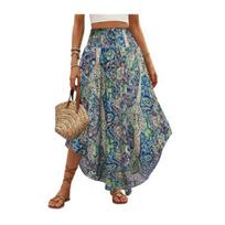 Boho Skirt Elastic High Waist Adjustable Lace-up A-Line Skirt Boho Retro Printed Loose Fit XL