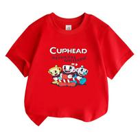 2026 NEW Cuphead 100%Cotton T-shirt Boys Girls O-neck Clothing Cartoon Tops Manga Print Short Sleeves Sports Casual Kids Tees Summer Anime T-shirt 100 raudona