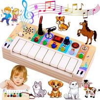 Montessori Busy Board with Piano and LED Animal Sounds, Wooden Sensory Music Toy for Toddlers