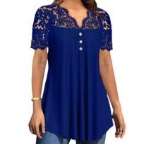 Women Tops Deep V Neckline Lace Splicing Short Sleeve Pullover Tops Pure Color Loose Hem Anti-Wrinkle Casual Shirt M