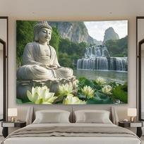Serene Buddha with Waterfall and Lotus Tapestry  Perfect for Adding Peaceful and Spiritual Style to Any Room Decorfor Home Use 74x94cm(29x37in)