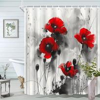 1Pc Floral Shower Curtain Red Poppy Pattern Ink Watercolor Style Bathroom Decoration Polyester Fabric Contains 12 Hooks W60H190(CM)-1 Pcs