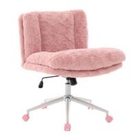 26.4 Inch Seat Office Chair, Artificial Rabbit Hair Home Office Chair with Metal Base, Adjustable Desk Chair Swivel Office Chair, Vanity Chair rožinė