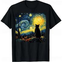 Cat Starry Night Van Gogh Cat for Cat Lover T-Shirt Casual Fashion Streetwear Loose Summer Style Man Tshirt Cute Aesthetics Tees S įvairiaspalvis