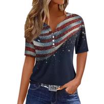 Women’s Short Sleeve V Neck Top with Flag Butterfly and Floral Print Soft Lightweight Fabric Casual Fit Blouse XXL
