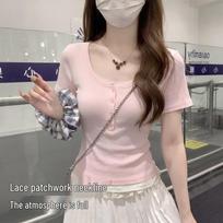 Women's Faux Two-Piece Lace Trim Short Sleeve T-Shirt L