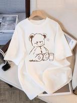 Cute Teddy Bear Print Crew Neck Tops Women's Fit Short Sleeve Cartoon Fashion Coffee Cup Kawaii Women Clothing XS
