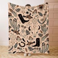 Western Elements Flannel Throw Blanket - Mid-Century Cowboy & Bull Skull Design with Cacti, Soft Polyester, All-Season Comfort Size: 75*100cm, Weight: 230 GSM