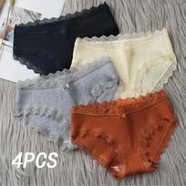 4 Pcs Lace Wavy Trim Bikini Panties, Comfy & Breathable Elastic Intimates Panties, Women's Lingerie & Underwear L&4pcs