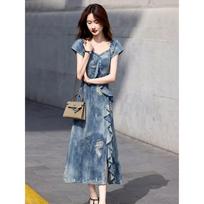 Distressed Ripped Long Dress with Gradient Lace M