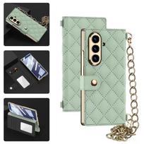 For Samsung Z Fold 7 Electroplated Card Slot Mirror PU Leather Grid Pattern Waterproof Phone case with Chain for Samsung Zfold 5 Opp Bag&for  Samsung Zfold6