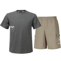 Nasa Unisex Cotton Blend Training T-Shirt + Woven Knee-Length Shorts Set [Charcoal + Beige] 110
