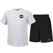 Nasa Unisex Cotton Blend Training Short Sleeve T-Shirt + Woven Knee-Length Shorts Set [Melange White + Black] 95