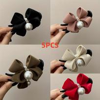 5PCS Fabric Bow Faux Pearl Hair Grab Clip for Women, Vintage Elegant Cute Non-slip Updos Ponytail Holder Hair Accessories