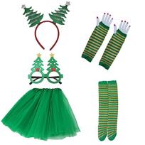 PESENAR Christmas Tree Costume Set - Green Tutu Skirt, Headband, Stockings, Glasses - Adult, Female - Christmas Party Costume