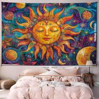Dream Sun Tapestry Smiling Face Starry Sky Halo Bedroom Meditation Room Bohemian Decorative Art Wall Background 100X70CM