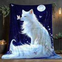 1pc White Fox Under Moon Blanket-Luxurious Flannel Soft Lightweight All-Season Throw with White Fox & Snowflake Night Sky Print Size: 75*100cm, Weight: 230 GSM