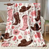 1pc Western Cowboy Boots & Hats Throw Blanket - Soft Flannel Lightweight All-Season Bedspread Size: 75*100cm, Weight: 230 GSM
