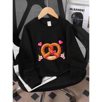 Kids Unisex Crewneck Sweatshirt, Cartoon Pretzel With Pink Bow Hearts And Cherry Blossom Print Soft Fleece Pullover For Kids Over 4 Years Old 110 juoda