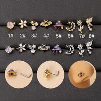 Helix Nose Piercing Jewelry  Flower Moon Butterfly L Nose Studs 20G Stainless Steel Multicolor CZ Nose Stud Ring for Women #1 auksas