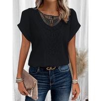 Lace Splicing Crew Neck marškinėliai, kasdieniai trumpomis rankovėmis pavasariui ir vasarai, moteriški drabužiai S
