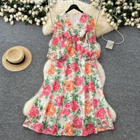 A V-neck Lantern-sleeved Waist-cinched Hollowed-out Crochet Lace Dress for Women S