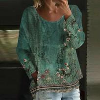 Women's Casual Fashion Loose Round Neck Retro Print Long Sleeve Top L armijos žalia spalva