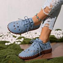 Hollow lace-up hole shoes large size new flat-bottom sewn thick-soled single shoes wish source 35