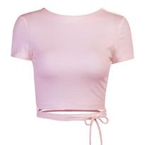 Open Back Crop Tops Summer Women Bandage Lace-up Backless Solid Pullover T Shirt Slim Tee S
