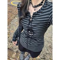 VAYLA Gothic Retro T-shirt Women Lace Up Striped Casual Shirt Y2k Vintage Print Graphic Tops Streetwear American Grunge Tops S